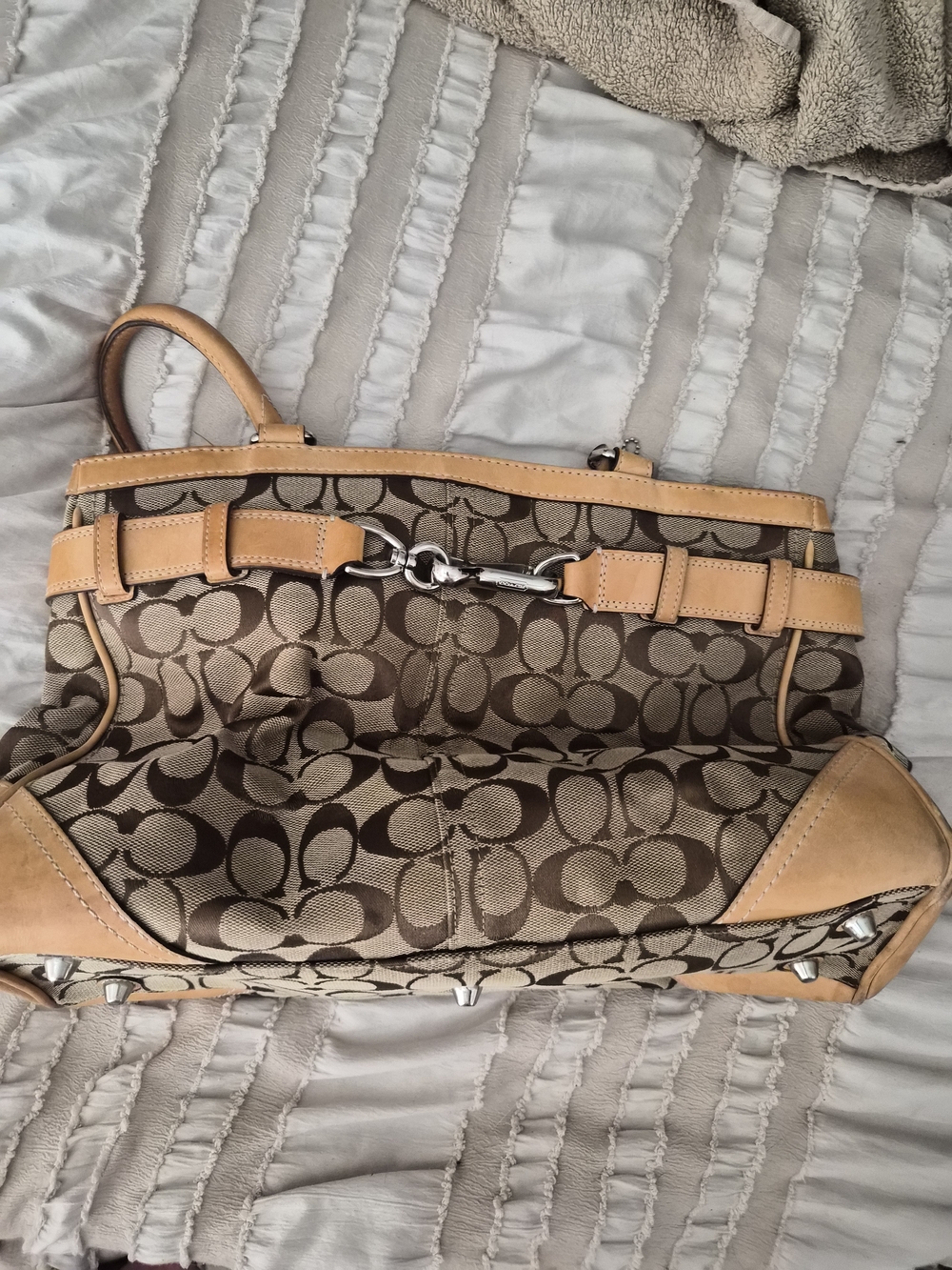 Coach Brown Signature Canvas Shoulder Bag with Tan Leather Trim